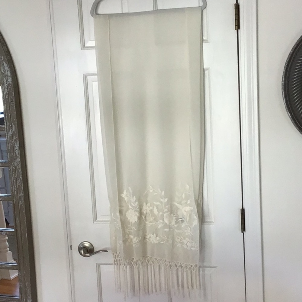 Embroidered Fringe Scarf in Ivory